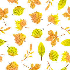 Obraz premium Seamless watercolor autumn leaves pattern. Vector fall illustration with orange and yellow leaves.