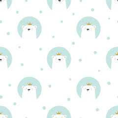 Cute bear princess seamless pattern for kids. Vector polka dot baby print.