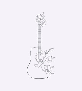 Flower Guitar Flat Hand Drawn Line Art Illustration Musical Instrument Design Flat Vector 