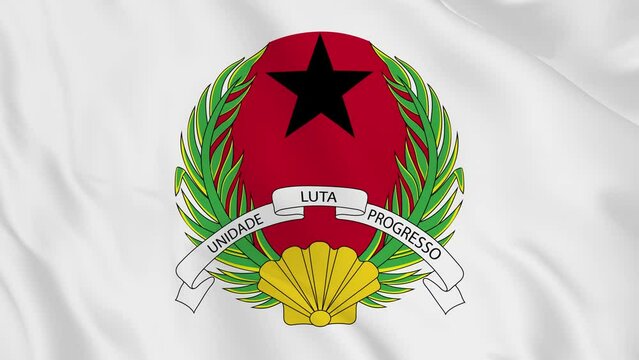 national emblem coat of arms or symbol of Guinea Bissau in waving flag. smooth 4k video seemless loop