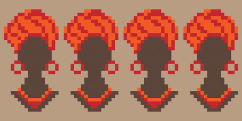 Woman Pixel art. Girl Portrait. Vector border.