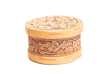 wooden round box isolated on white background.