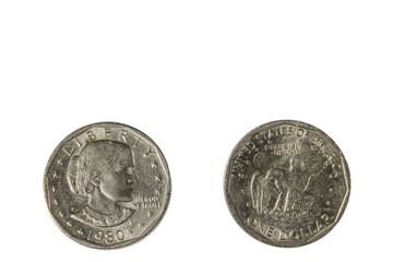 Close up view of front and back side of one USA dollar silver coin dated 1980. Numismatic concept. 