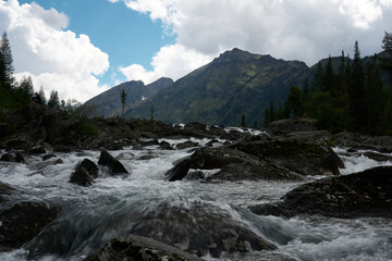 Fototapeta na wymiar Rocky rapids of the Multa River in the Katunsky Reserve of Altai