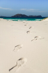 human footprints in the white sand. Paradise tropical beach. Low angle view