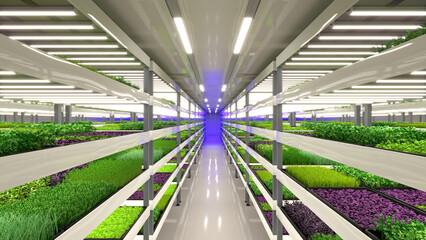 Indoor vertical farm. Hydroponic microgreens plant factory. Plants grow with led lights. Sustainable agriculture for future food. 3d illustration.