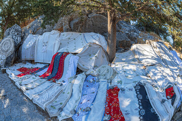 Textiles with traditional Greek embroidery, Lindos, Rhodes Island, Greece