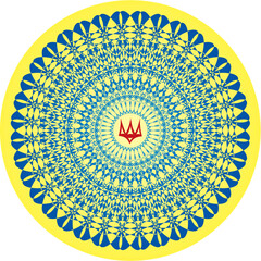 Openwork mandala with om, aum, ohm sign in center. Blue and yellow colors. Flag of Ukraine. Vector graphics.