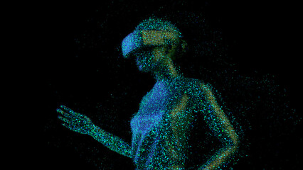 Fototapeta premium Metaverse concept. Woman with VR virtual reality goggles is working. 3D render.