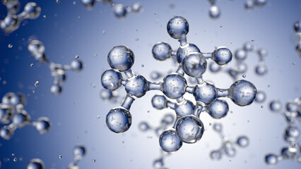 Abstract blue connected glass bubbles molecule background. 3D Rendering 