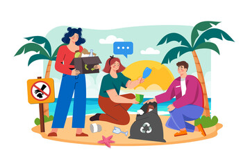 People are cleaning up trash on the beach Illustration concept on white background