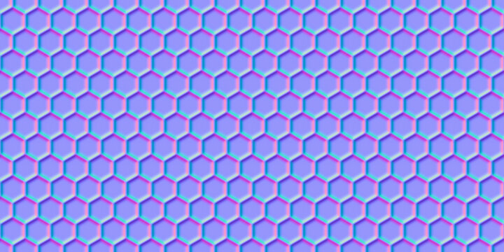 Normal map of honey comb or metal grille seamless pattern. Bump mapping of regular hive cell texture. Hexagon geometry material 3d shader illustration