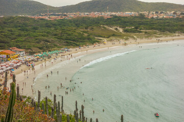 panoramic view of Pero beach in Arraial do Cabo, Brazil, at cloudy day - obrazy, fototapety, plakaty