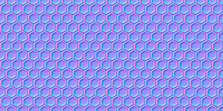 Normal map of honeycomb or metal grid seamless pattern. Bump mapping of regular hive cell texture. Hexagon geometry material 3d shader illustration
