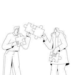 People connect puzzles. Vector illustration in outline.
