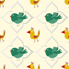 Seamless background with chickens...Cartoon illustration as texture with birds...Happy Easter.