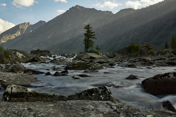 Rocky rapids of the Multa River in the Katunsky Reserve of Altai