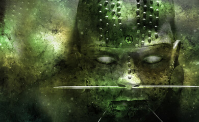 Face of the green creature on the abstract background. Alien with white eyes with piercings and decorative accessories. Scenic portrait of ancient people.