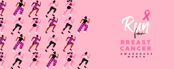 Breast Cancer Awareness month diverse woman running cartoon background
