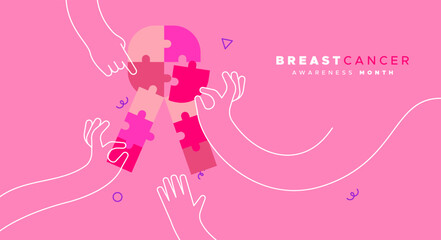 Breast Cancer Awareness month outline hand puzzle concept card