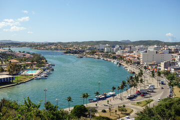 aerial panoramic view over Araruama lagoon in Cabo Frio, RJ, Brazil, on a sunny day - obrazy, fototapety, plakaty