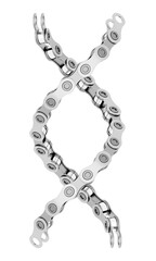 Bicycle chain segments twisted like a DNA spiral. 3D illustration isolated on white background.