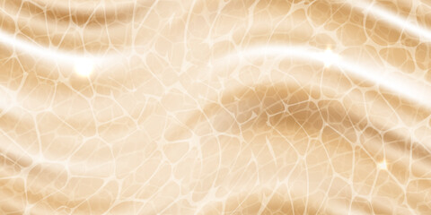 Beige water surface top view seamless pattern with sunlight glare reflections, shadows, caustic ripples and waves. Clear water texture. Bright vector summer time background.