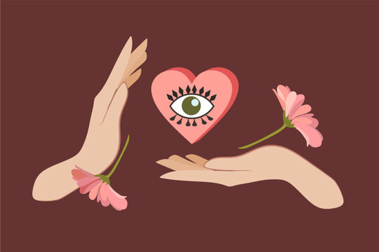 Brown retro background.Pink delicate, fluffy, thick petals of flowers fall on women's hands. In the center is a voluminous pink heart with an eye. Printing for design - Powered by Adobe