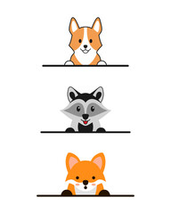 Animals set. Corgi, Racoon, Fox. Cute vector illustration.