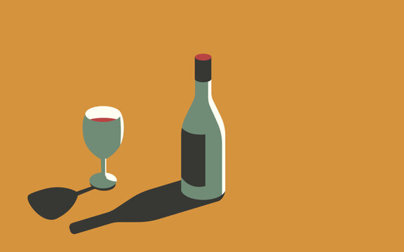 Vector illustration of a bottle of wine and a glass of wine on a yellow background in retro style.