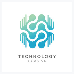 technology inspiration logo with molecular symbol