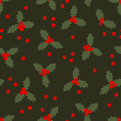 Seamless Christmas background with red and green holly flowers design.