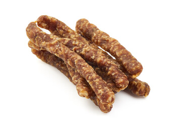 Dried pork sausages, isolated on white background.