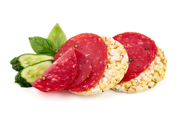 Sandwich with spanish salchichon sausage, isolated on white background.