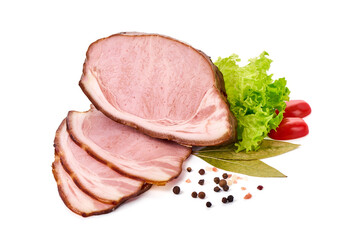 Cold smoked meat with slices, isolated on white background.