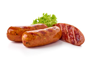 Grilled pork bangers, cooked sausages bbq, isolated on white background.