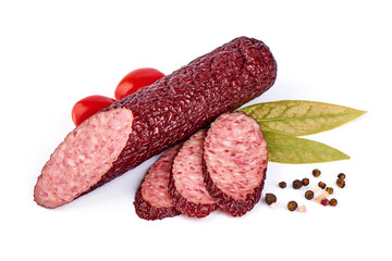 Hot smoked salami sausage slices, isolated on white background.
