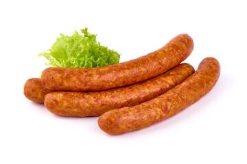 Dried pork sausages, isolated on white background.
