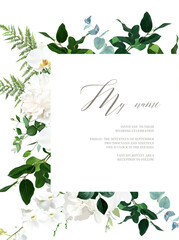 Classic white peony, hydrangea, magnolia and orchid flowers, eucalyptus, fern, salal, greenery vector design