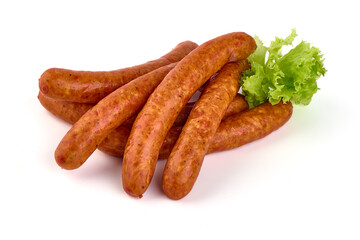 Dried pork sausages, isolated on white background.