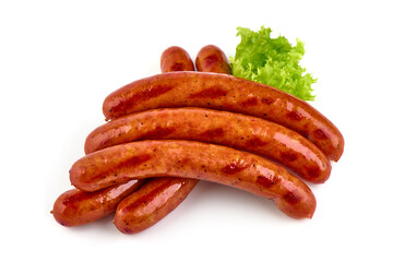 Roasted sausages, barbecued sausages, isolated on white background.