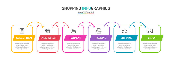 Concept of shopping process with 6 successive steps. Six colorful graphic elements. Timeline design for brochure, presentation, web site. Infographic design layout.