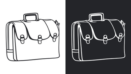 Black and white line art of a briefcase with a handle and a clasp. vector illustration