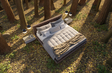 3d illustration. A bed in an autumn forest in a clearing among trees.