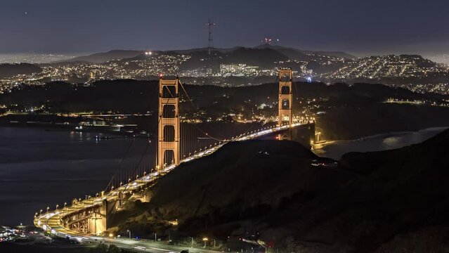 Full View Golden Gate Bridge Sutro Tower Haight Ashbury Night Cityscape Traffic Timelapse