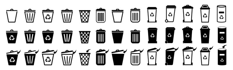 Trash can vector icon set.Recycle bin.Recycle bin.Vector trash can symbol.Garbage tank.Wastebasket.Bin icons set.Dustbin icon.Delete.