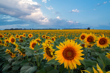 Fototapeta premium Panorama Landscape Of Sunflower fields And blue Sky clouds 