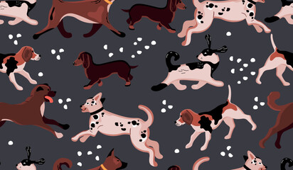 Hand Drawn Dogs and Dots seamless pattern.Animals characters  of various breeds in motion.Brown,beige and black on grey.Vector background and texture for printing on fabric and paper.
