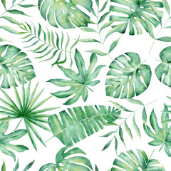 Plakat Watercolor seamless pattern with tropical leaves: palms, monstera. Beautiful allover print with hand drawn exotic plants.