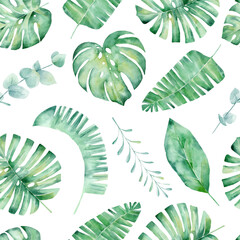 Watercolor seamless pattern with tropical leaves: palms, monstera. Beautiful allover print with hand drawn exotic plants.